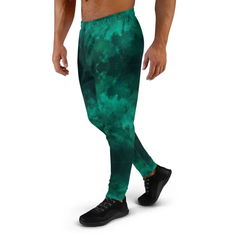 Green Abstract Men's Joggers, Dark Green Slim Fit Premium Sweatpants For Men-Made in EU/MX