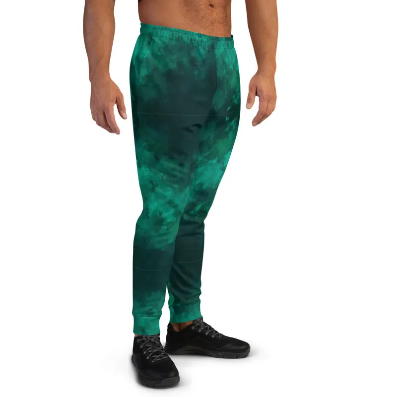 Green Abstract Men's Joggers, Dark Green Slim Fit Premium Sweatpants For Men-Made in EU/MX