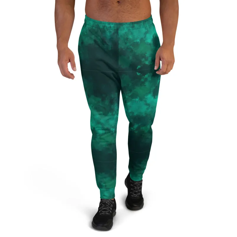 Green Abstract Men's Joggers, Dark Green Slim Fit Premium Sweatpants For Men-Made in EU/MX