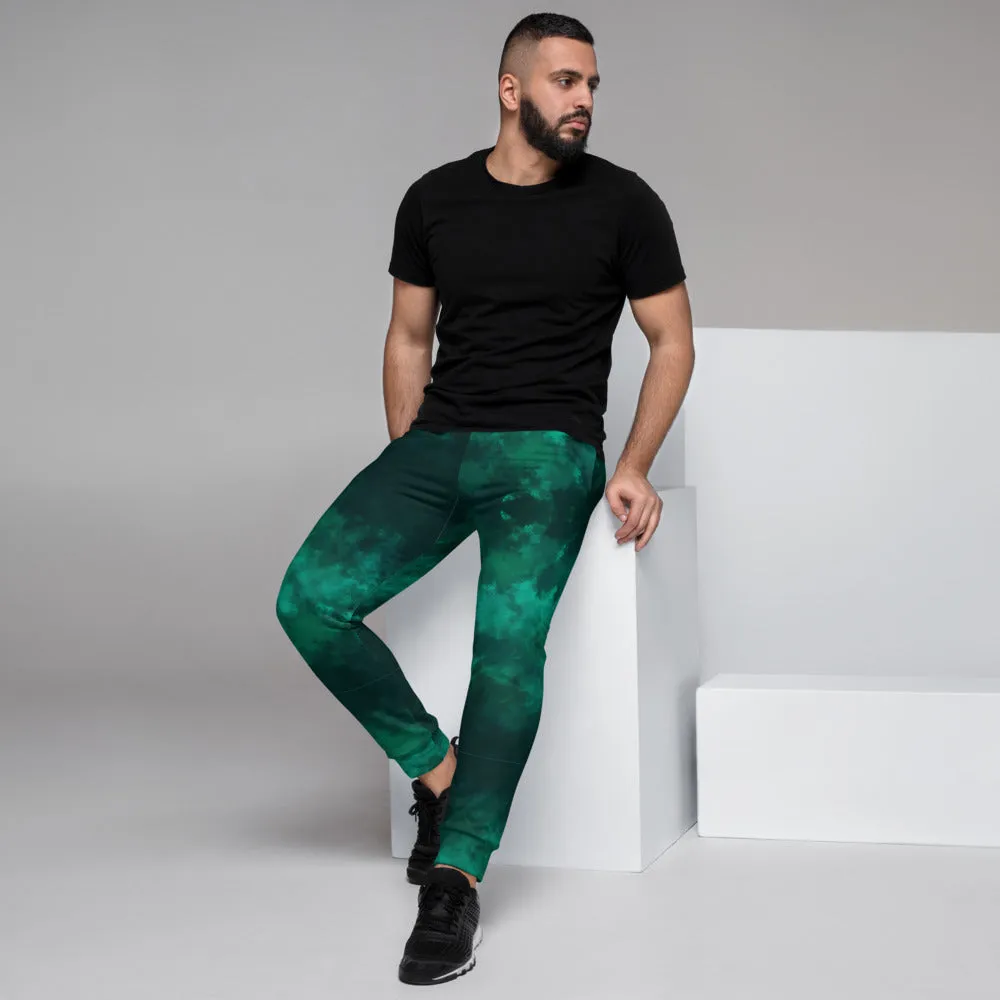 Green Abstract Men's Joggers, Dark Green Slim Fit Premium Sweatpants For Men-Made in EU/MX