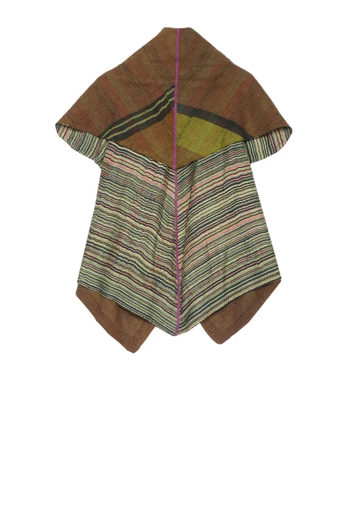 GREEN STRIPE W VINTAGE BACKING KANTHA CIRCULAR SHORT VEST - gt2202-grn -