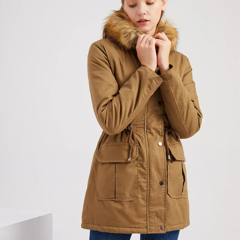 Hooded Plush Winter Fur Collar Jacket For Women