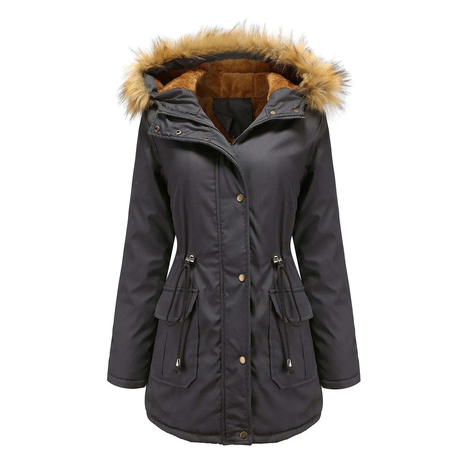 Hooded Plush Winter Fur Collar Jacket For Women