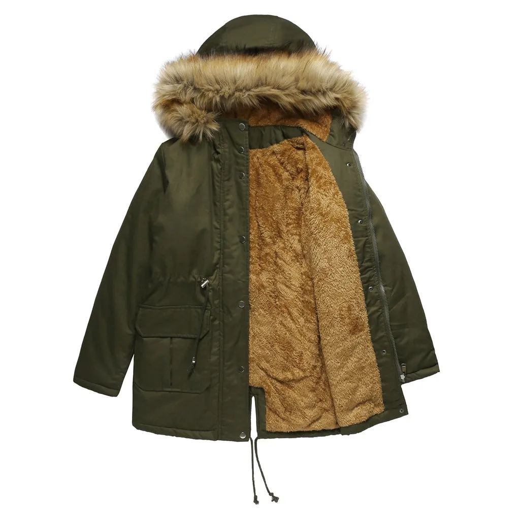 Hooded Plush Winter Fur Collar Jacket For Women