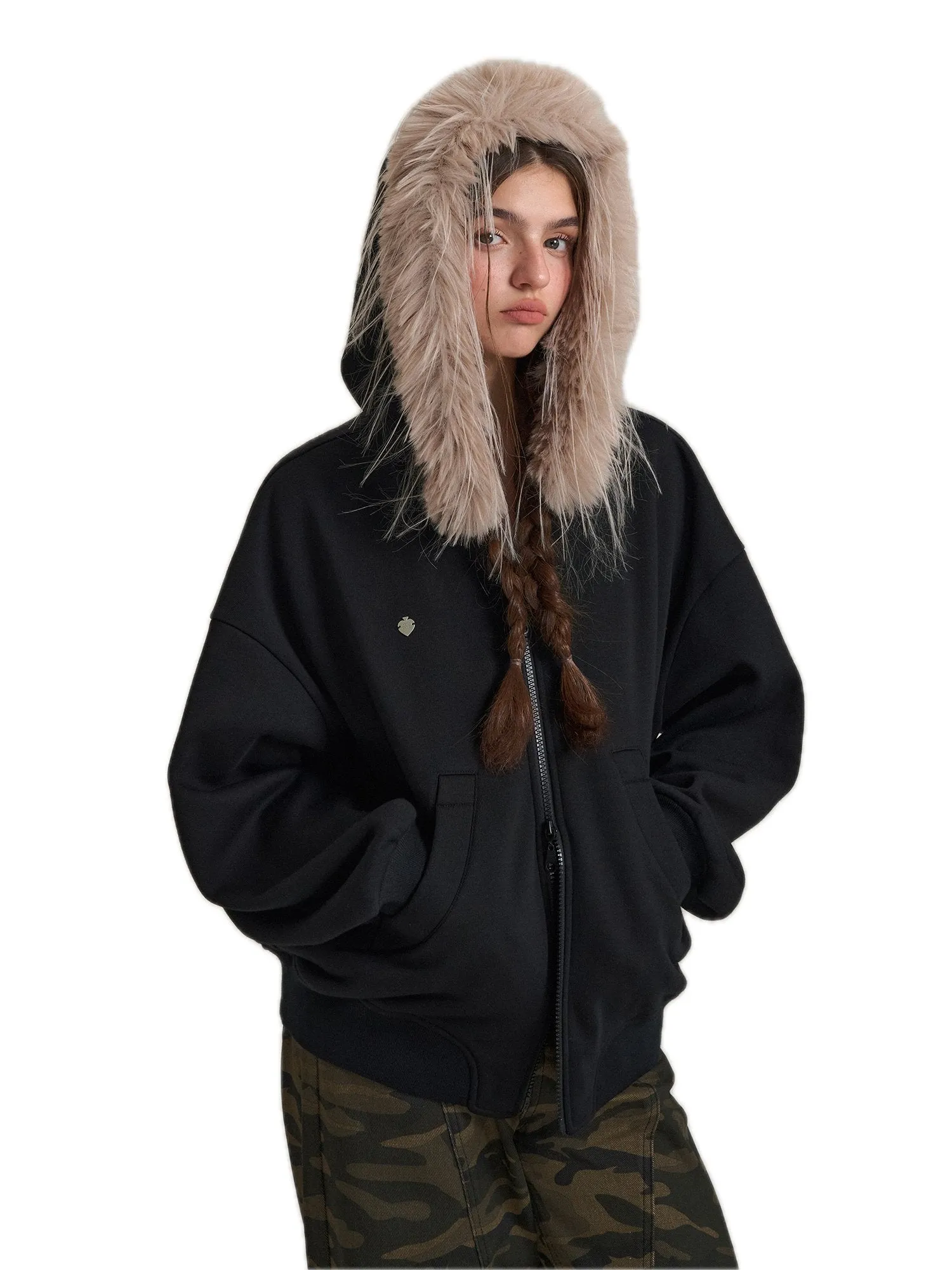 Hoodie With Detachable Fur Collar In Black