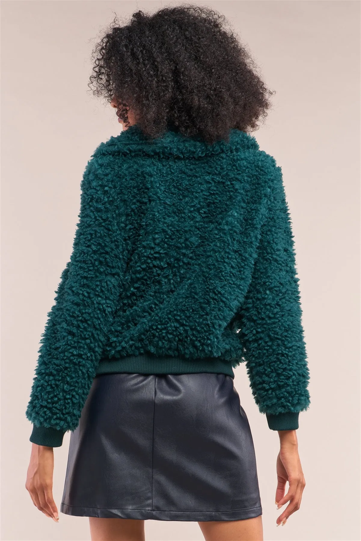 Hunter Green Long Sleeve Zip Front Faux Fur Bomber Jacket