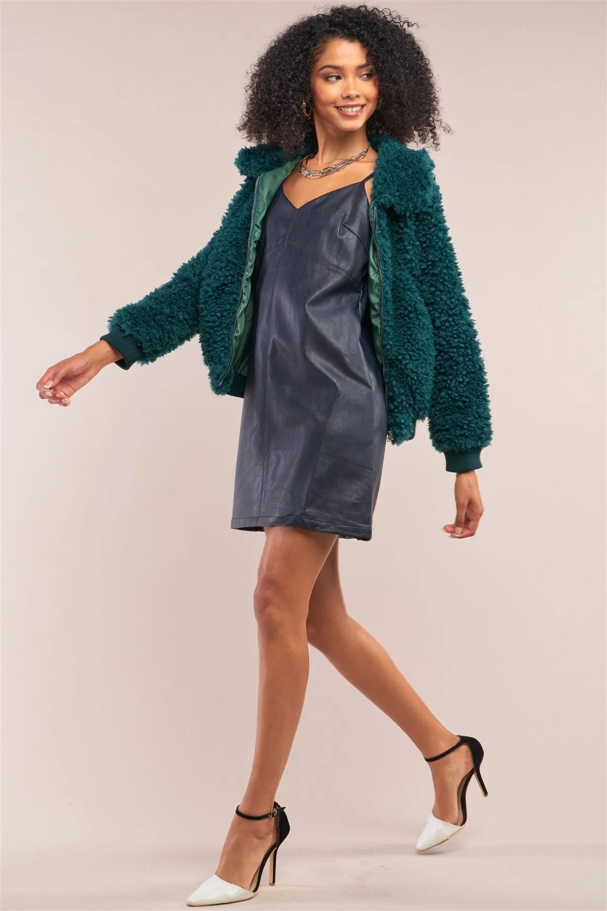 Hunter Green Long Sleeve Zip Front Faux Fur Bomber Jacket