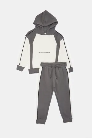 Infant Boys White And Grey Hooded Jogging Suit Set (2 Piece)