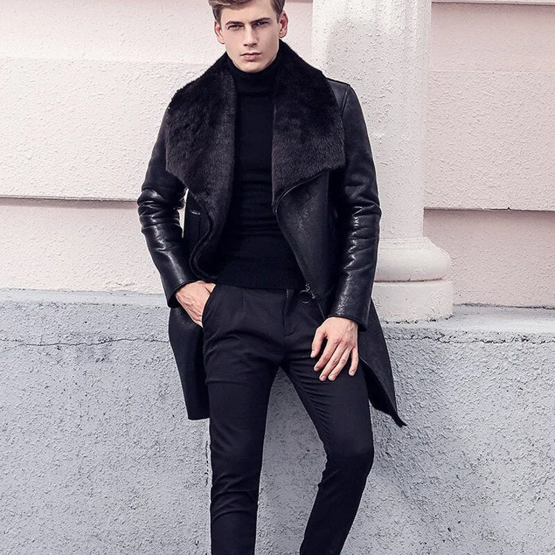 Italy Men Winter Fur Lining Long Style Motorcycle Jacket Business Leather Jackets