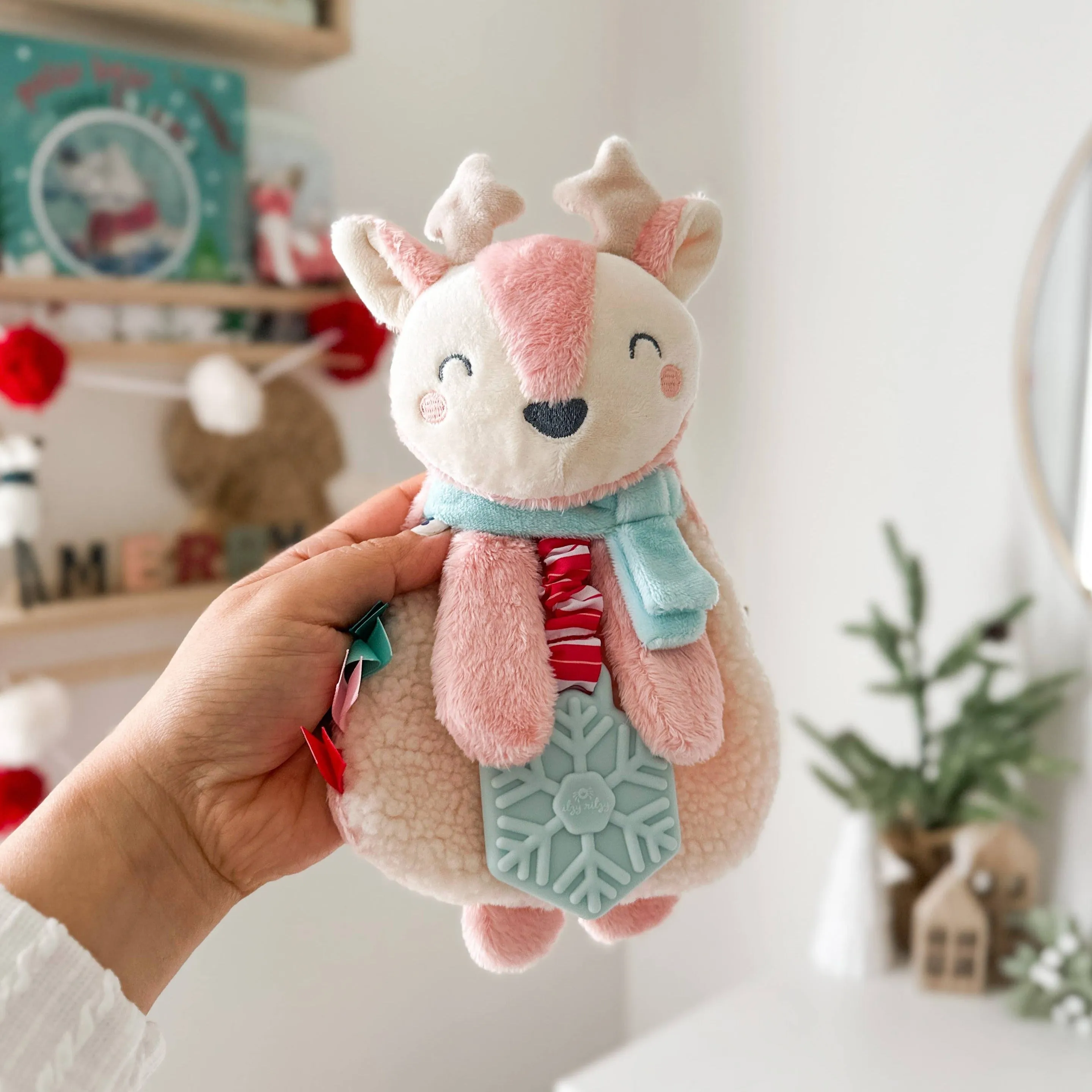 Itzy Lovey Holiday Pink Reindeer Plush   Teether Toy