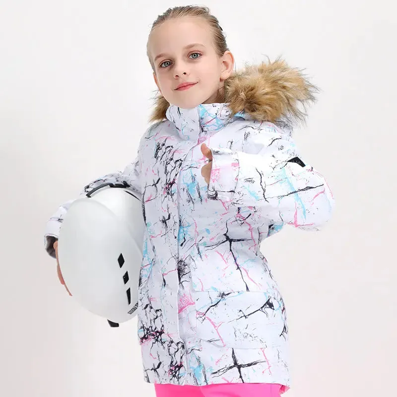 Kids Printed Hooded Snow Ski Insulated Jacket Fur Collar