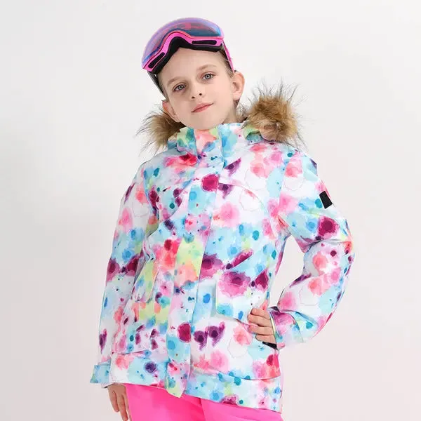 Kids Printed Hooded Snow Ski Insulated Jacket Fur Collar