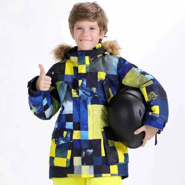 Kids Printed Hooded Snow Ski Insulated Jacket Fur Collar