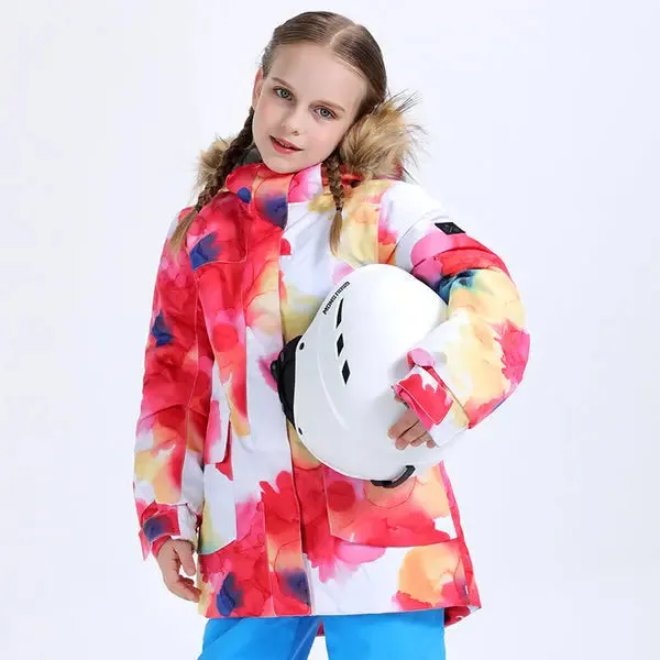 Kids Printed Hooded Snow Ski Insulated Jacket Fur Collar