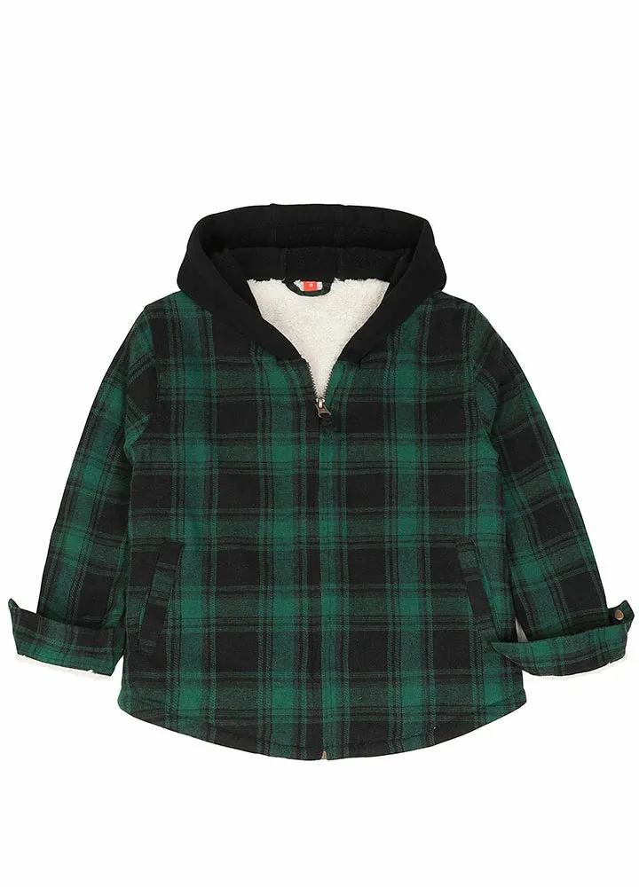 Kids Sherpa-Lined Zip Up Flannel Shirt,Hooded Plaid