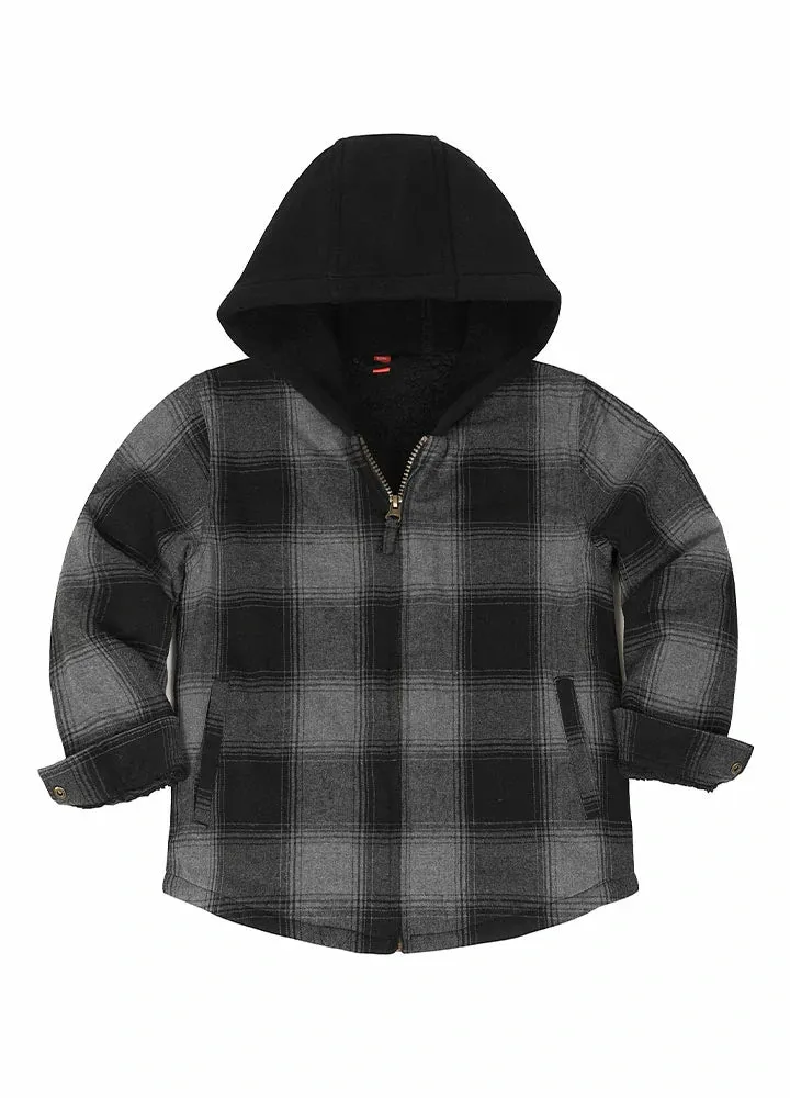 Kids Sherpa-Lined Zip Up Flannel Shirt,Hooded Plaid