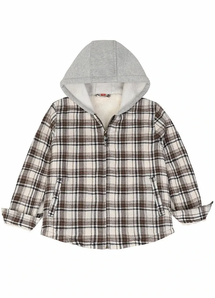 Kids Sherpa-Lined Zip Up Flannel Shirt,Hooded Plaid