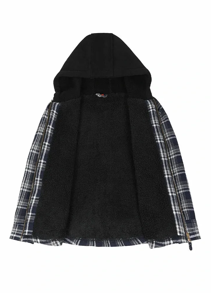 Kids Sherpa-Lined Zip Up Flannel Shirt,Hooded Plaid