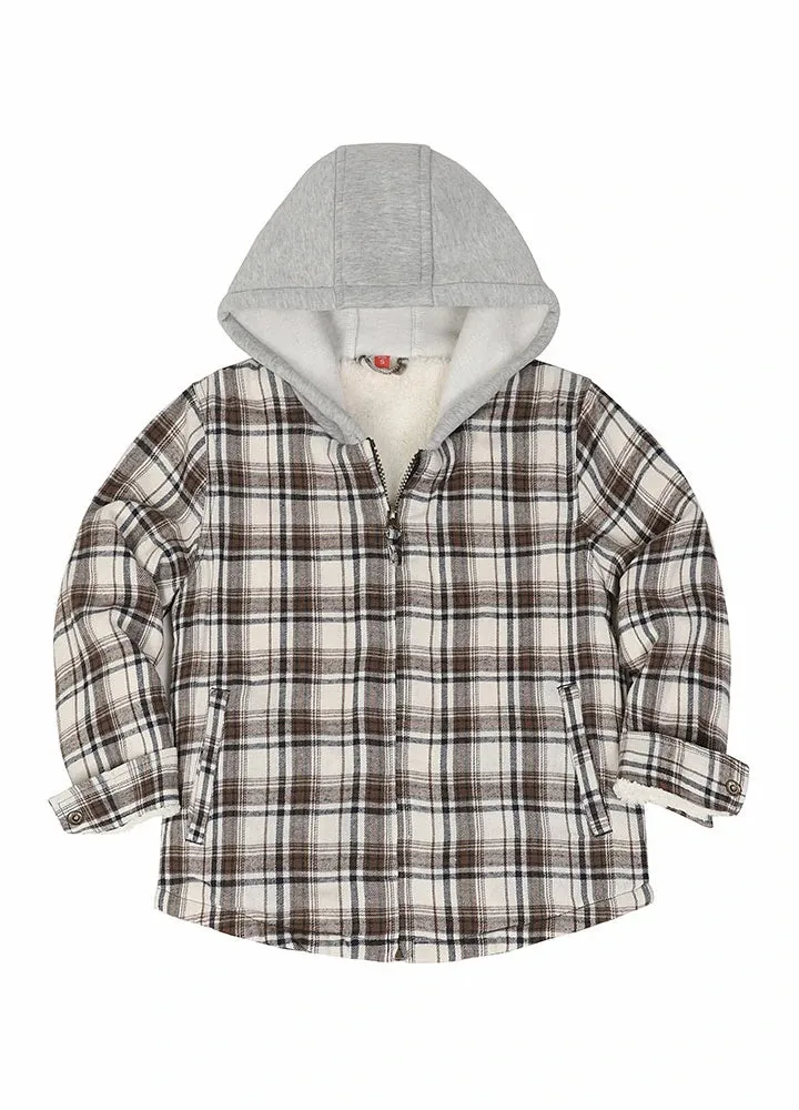 Kids Sherpa-Lined Zip Up Flannel Shirt,Hooded Plaid