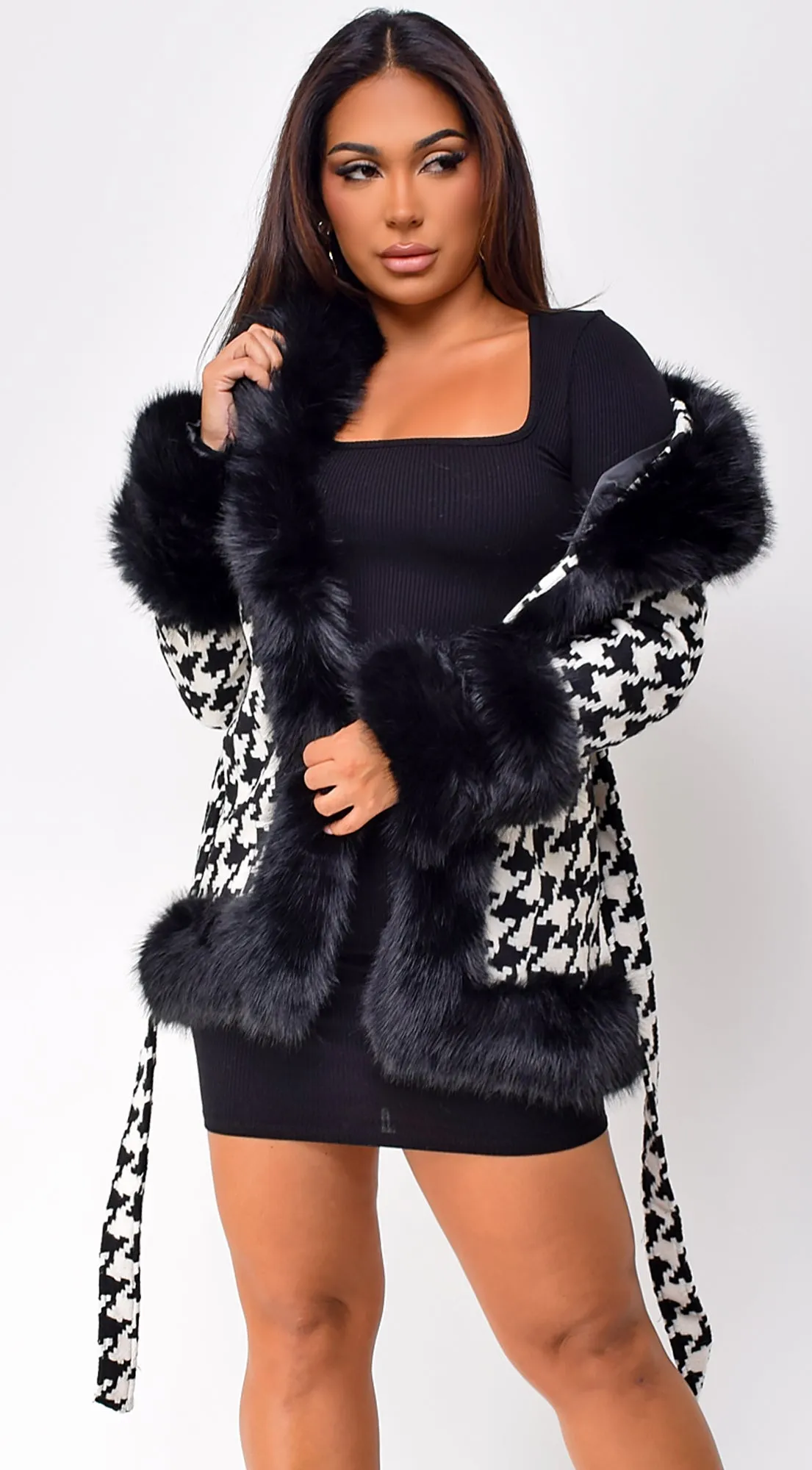 Korinna Houndstooth Faux Fur Coat - Black