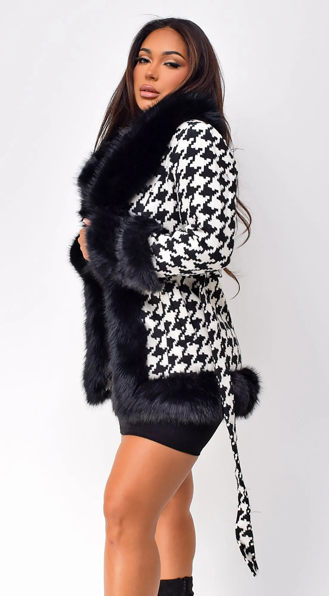 Korinna Houndstooth Faux Fur Coat - Black