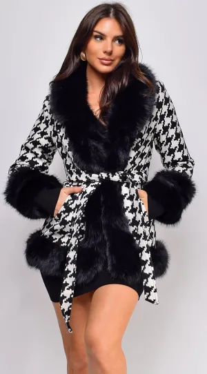 Korinna Houndstooth Faux Fur Coat - Black