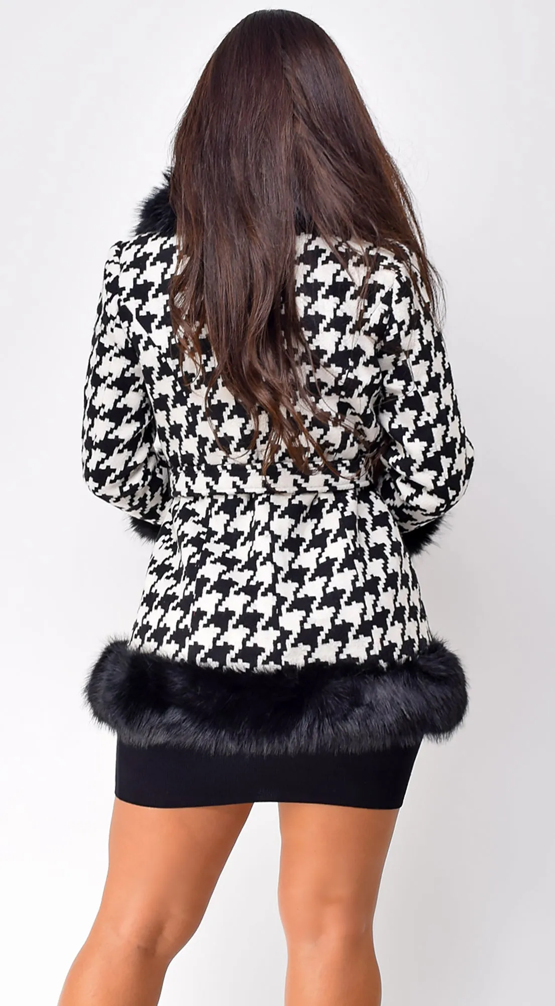 Korinna Houndstooth Faux Fur Coat - Black