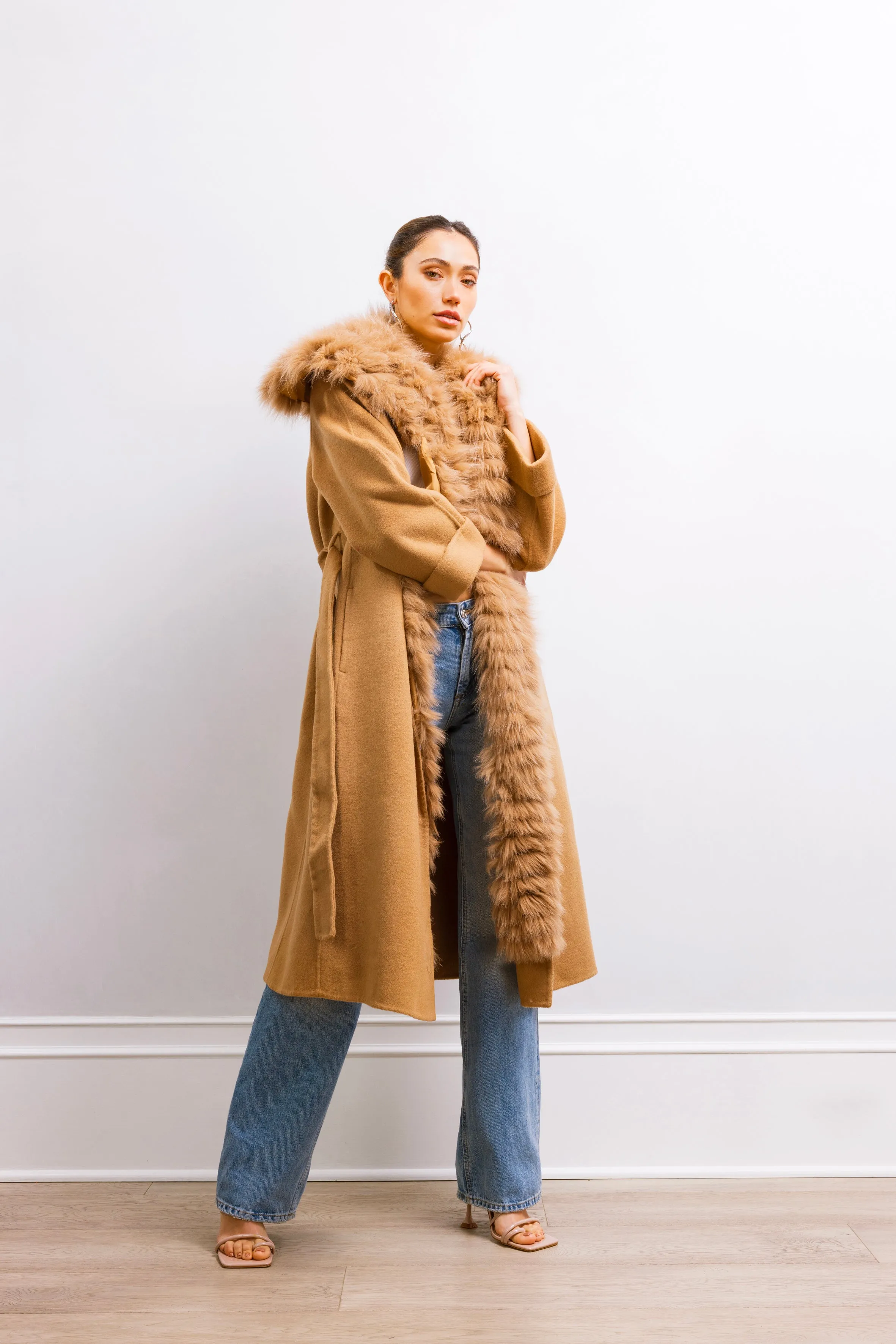 Lavish Wool & Fur Coat in Tan