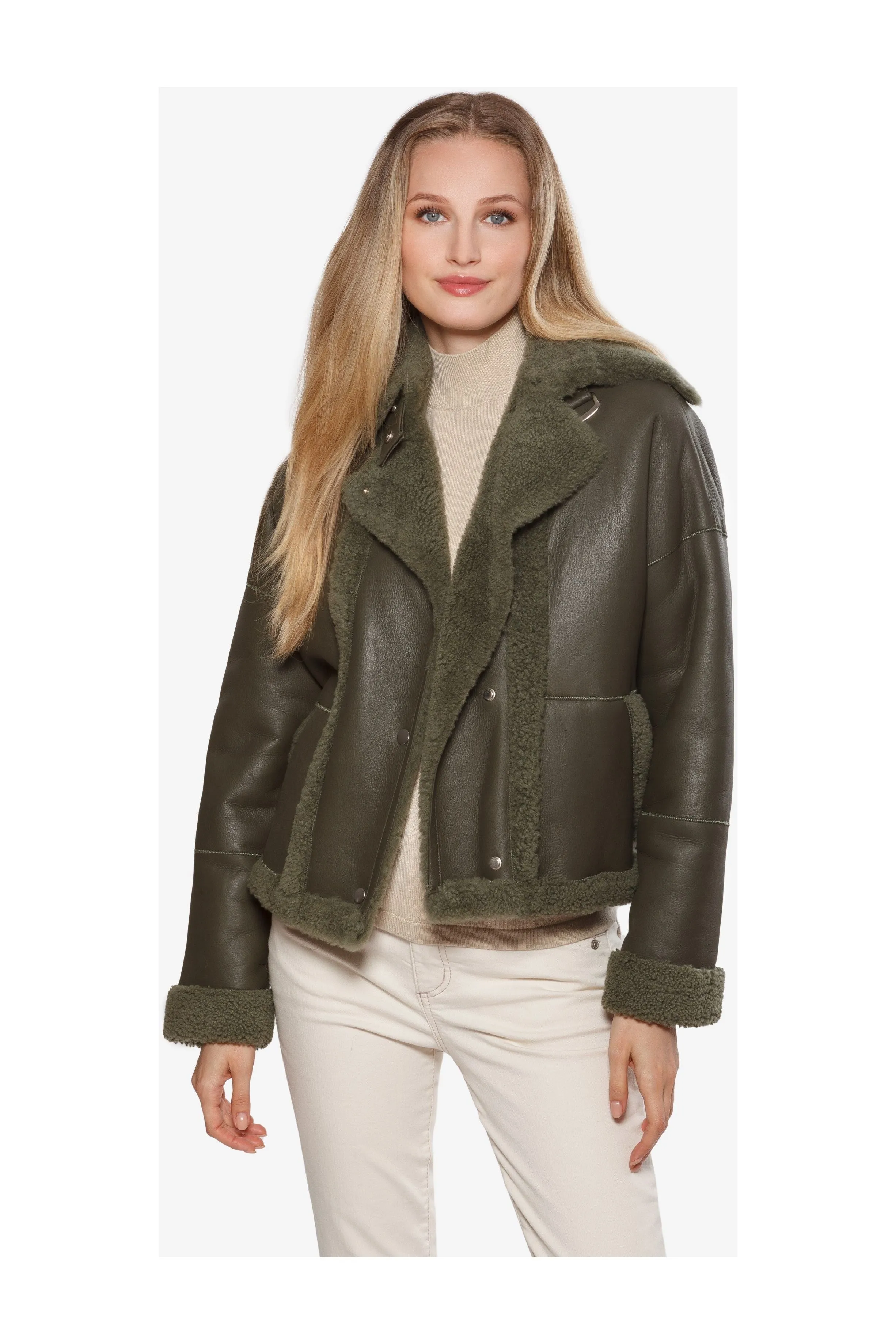 Linda Richards Cropped Merino Lamb and Leather Jacket WB-883 | Sage