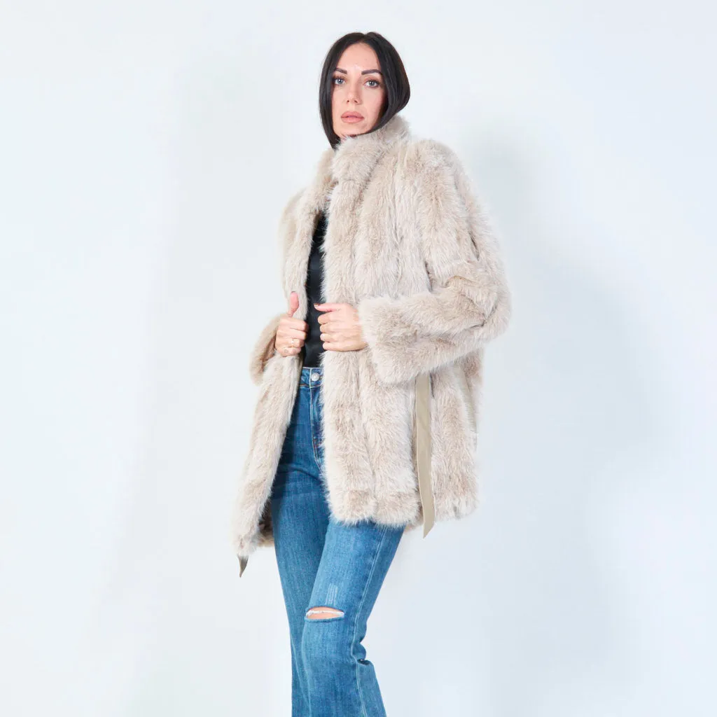 Long faux fur belted coat wholesale