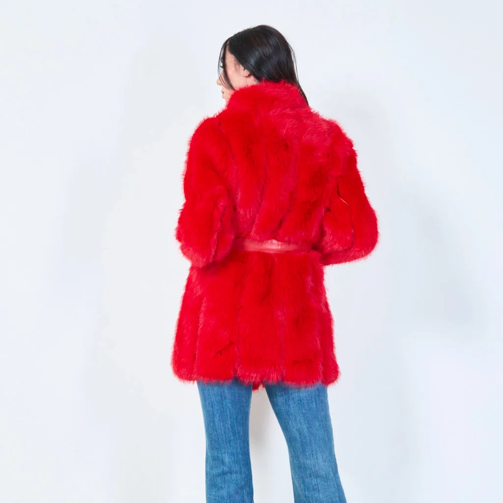 Long faux fur belted coat wholesale