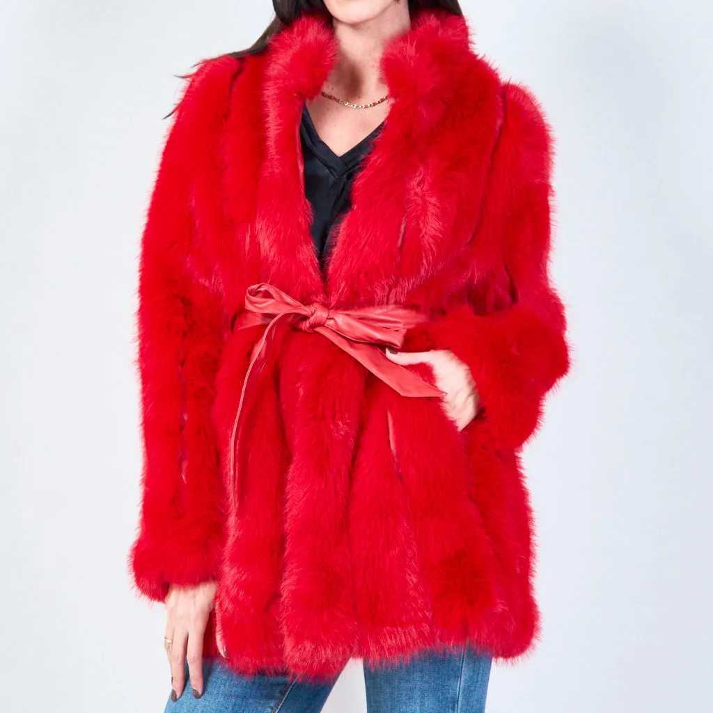 Long faux fur belted coat wholesale