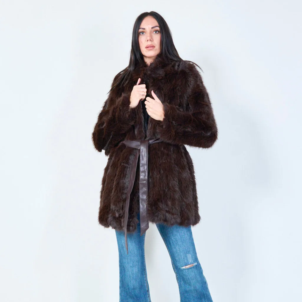 Long faux fur belted coat wholesale