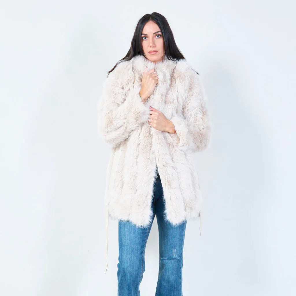 Long faux fur belted coat wholesale