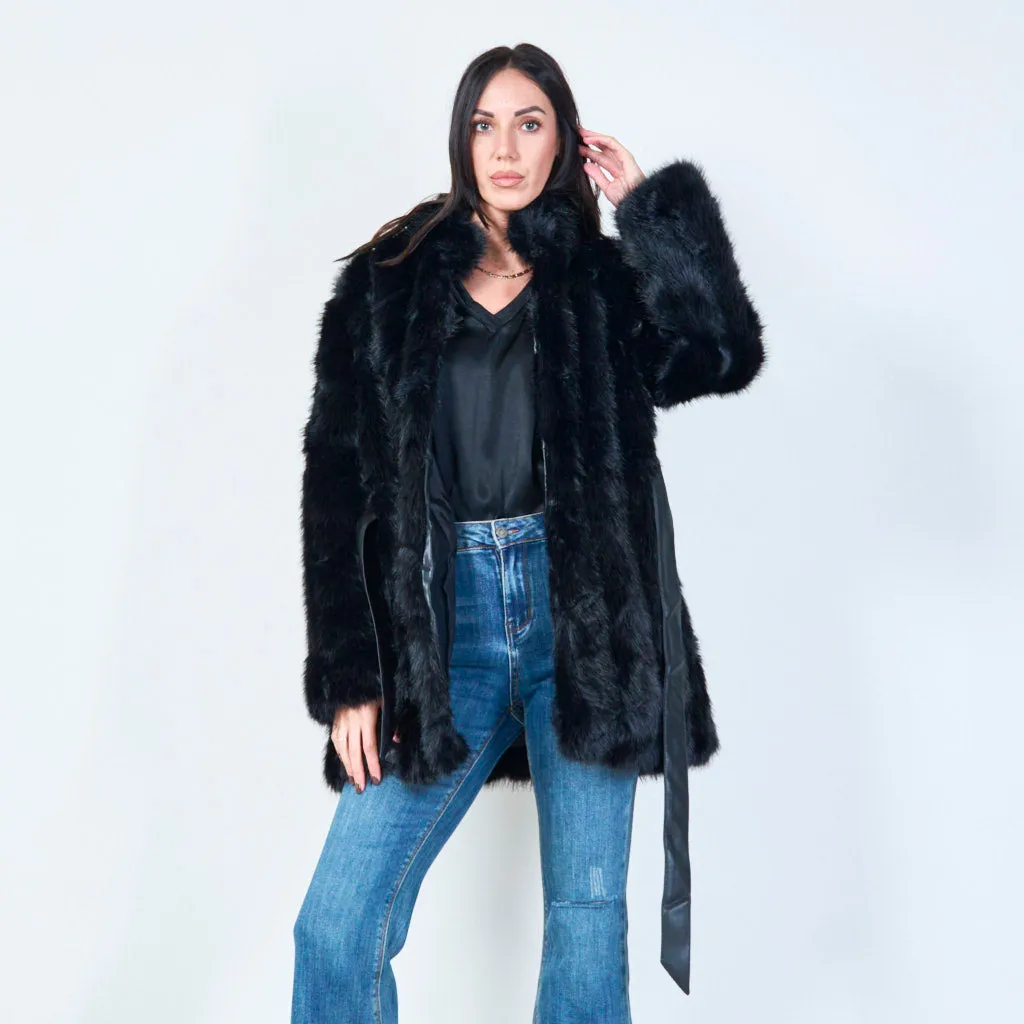 Long faux fur belted coat wholesale