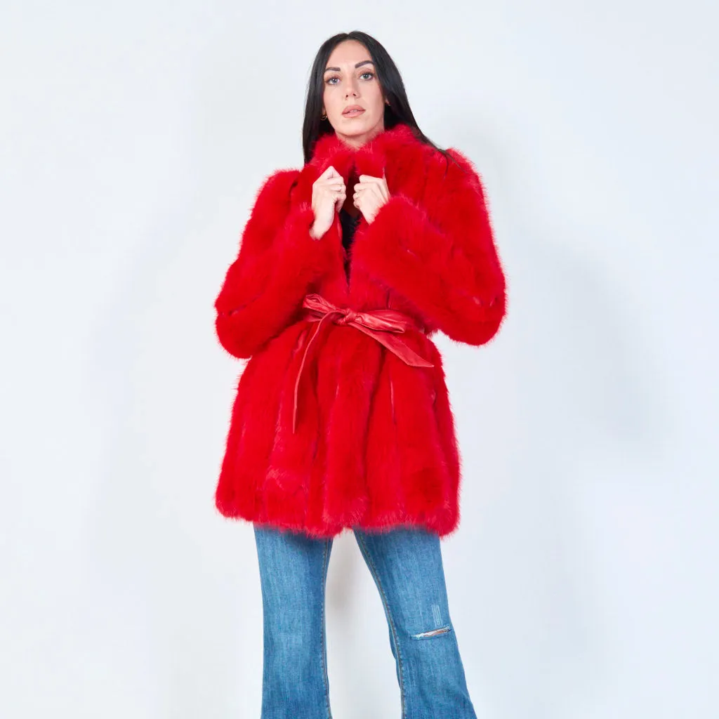 Long faux fur belted coat wholesale