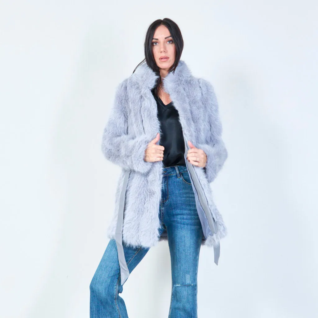 Long faux fur belted coat wholesale