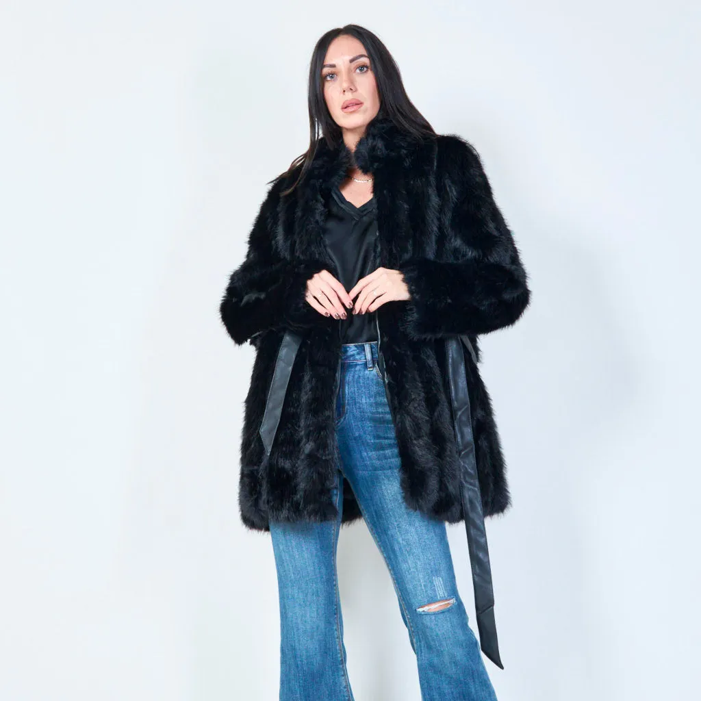 Long faux fur belted coat wholesale