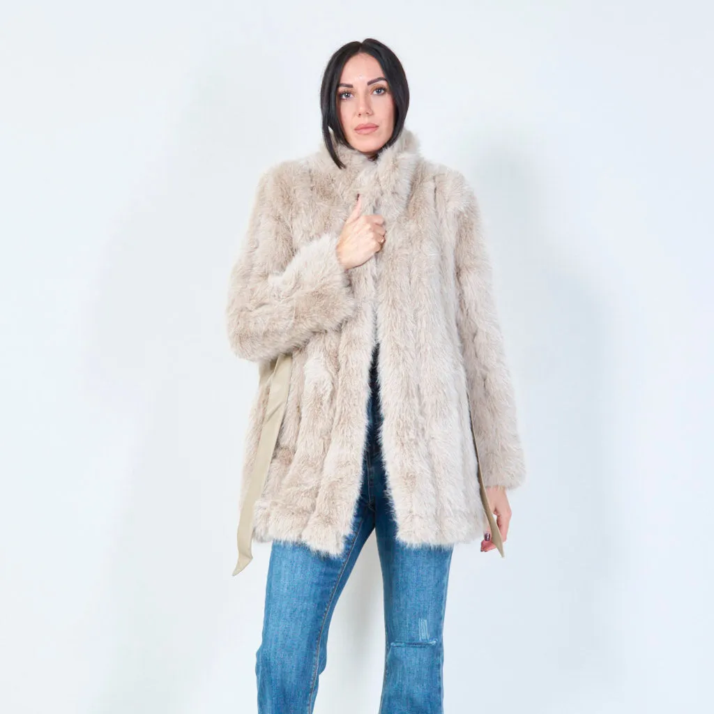 Long faux fur belted coat wholesale