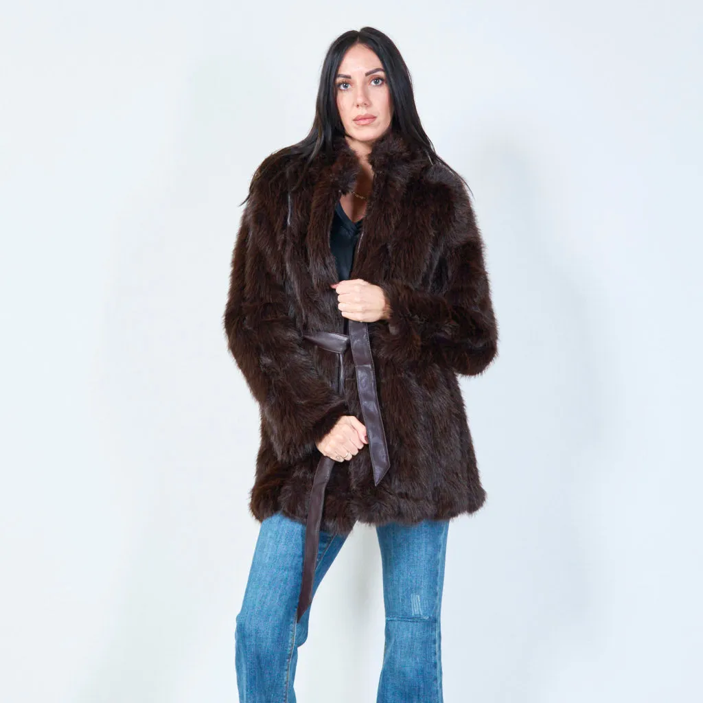 Long faux fur belted coat wholesale