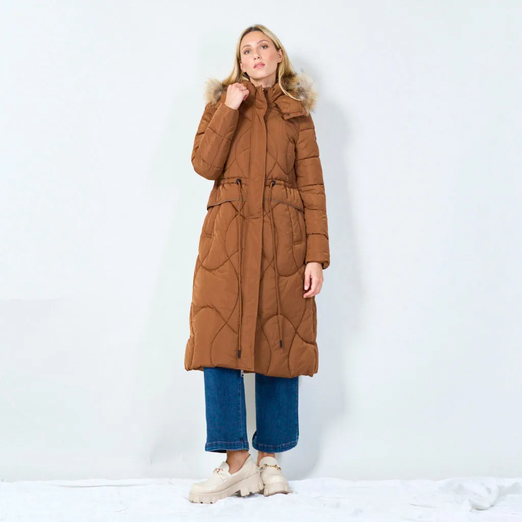 Long hooded puffer coat with drawstring waist wholesale