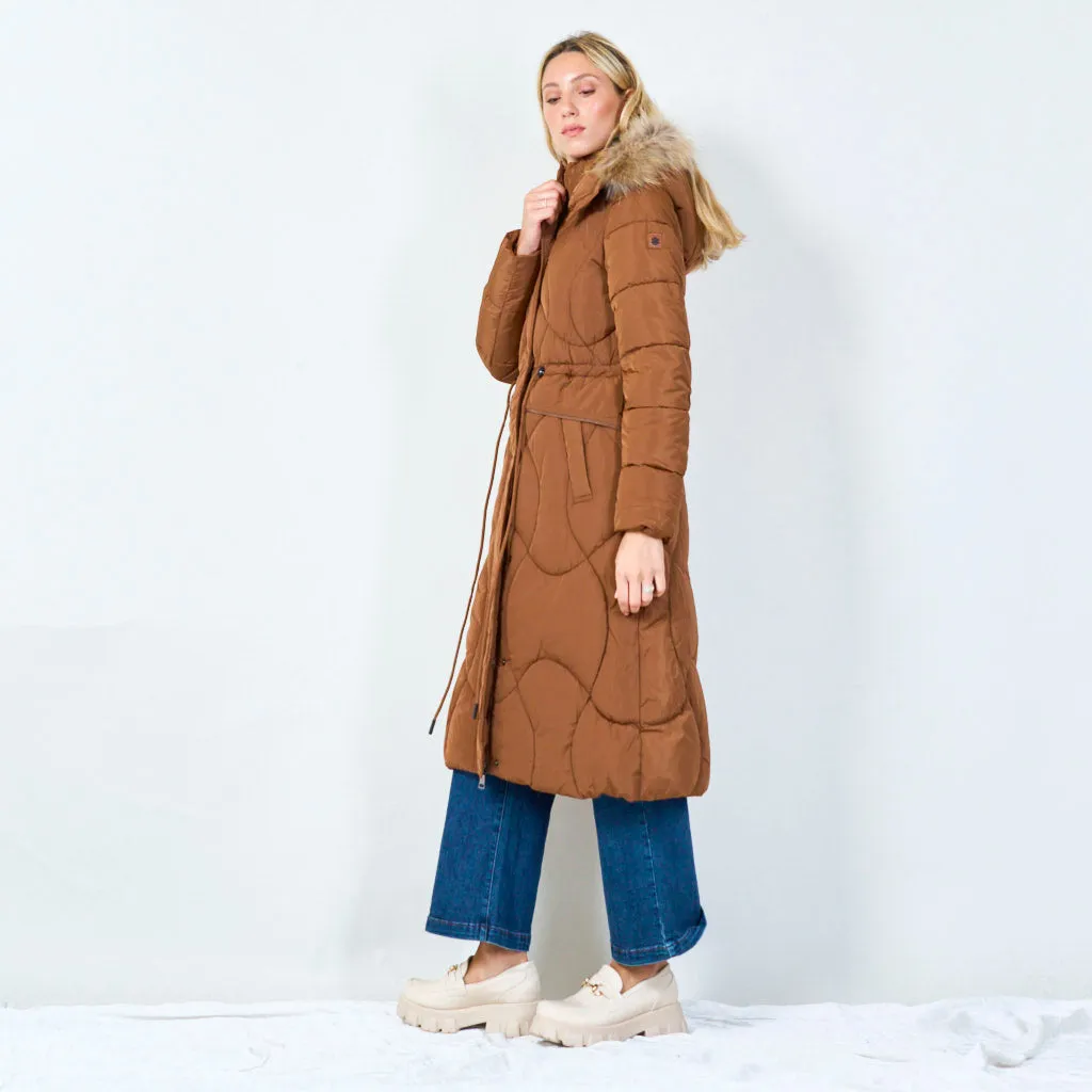 Long hooded puffer coat with drawstring waist wholesale