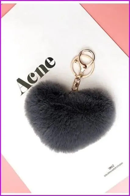 Lovely Heart Shaped Pom Poms Fluffy Fur Pompom Keychain Rabbit Fur F3918