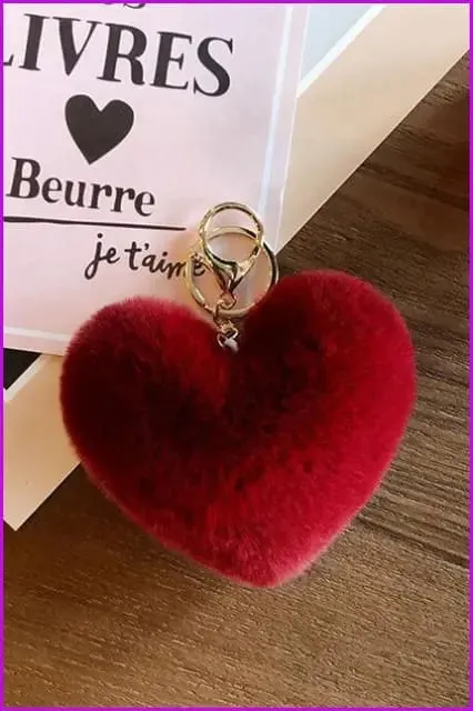 Lovely Heart Shaped Pom Poms Fluffy Fur Pompom Keychain Rabbit Fur F3918