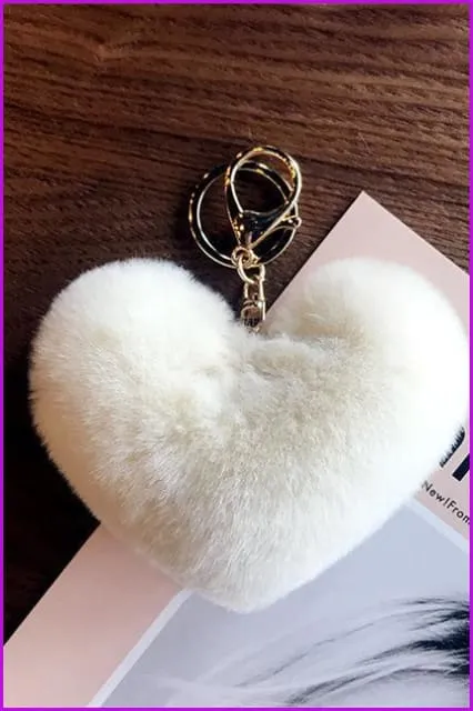 Lovely Heart Shaped Pom Poms Fluffy Fur Pompom Keychain Rabbit Fur F3918