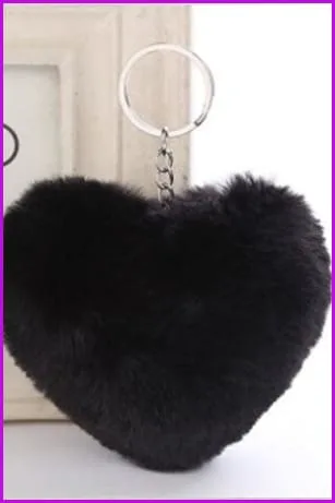 Lovely Heart Shaped Pom Poms Fluffy Fur Pompom Keychain Rabbit Fur F3918