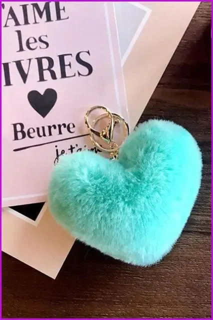 Lovely Heart Shaped Pom Poms Fluffy Fur Pompom Keychain Rabbit Fur F3918