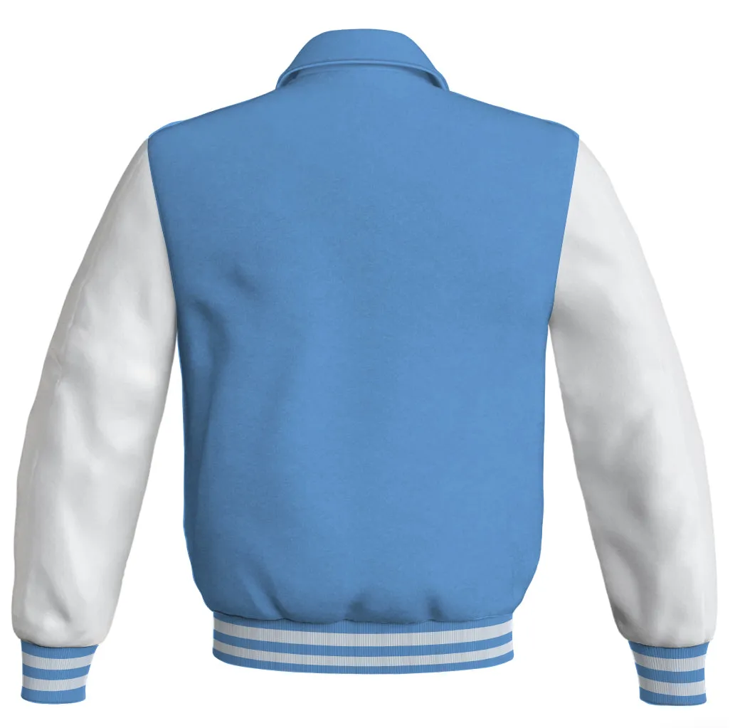 Luxury Bomber Classic Jacket Sky Blue Body and White Leather Sleeves