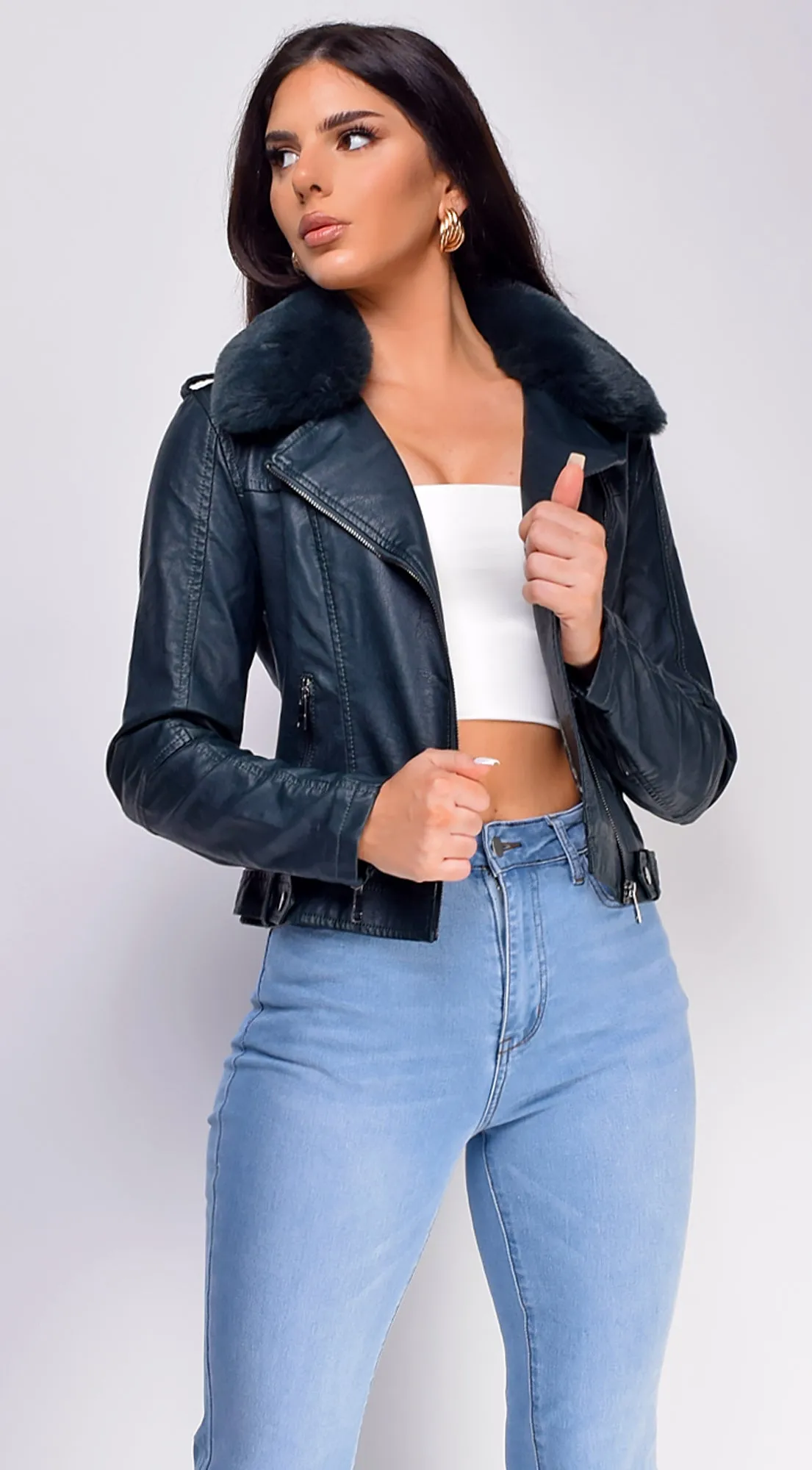 Maine Fur Leather Biker Jacket - Green