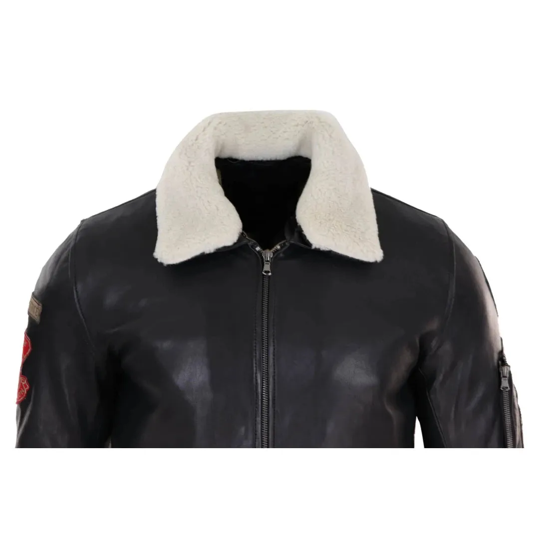 Men's Black Leather Pilot Jacket Bomber Air Force Aviator White Fur Collar